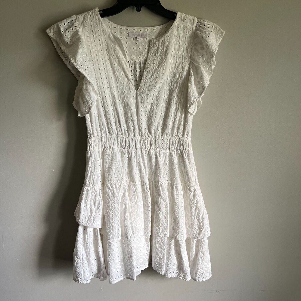 Olivaceous Eyelet Ruffle Tiered Mini Dress Women's M Bright White Cotton